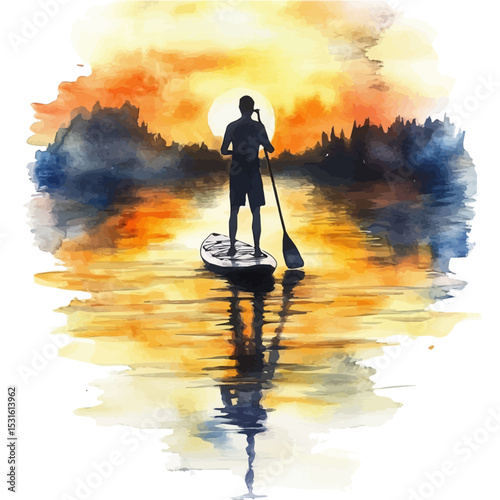 Sunset Paddleboarding Quiet Lake, watercolor clipart vector, isolated on a white background.