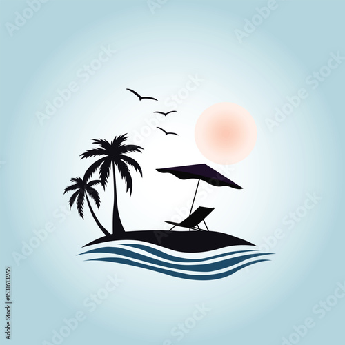 Minimalist island scene with palm trees, sun, and beach chair  