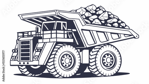 Large Dump Truck Carrying Rocks Illustrated in Black and White