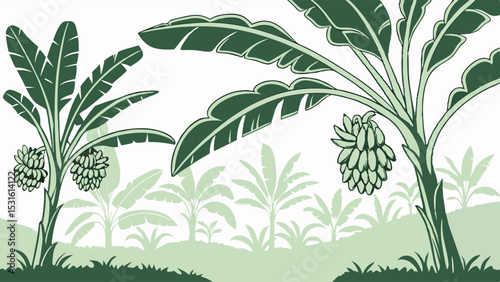 Illustration of Banana Trees with Fruit in a Tropical Landscape