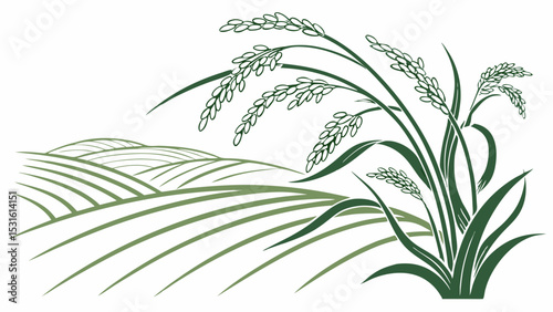 Stylized Rice Plant and Paddy Field Illustration in Green Tones