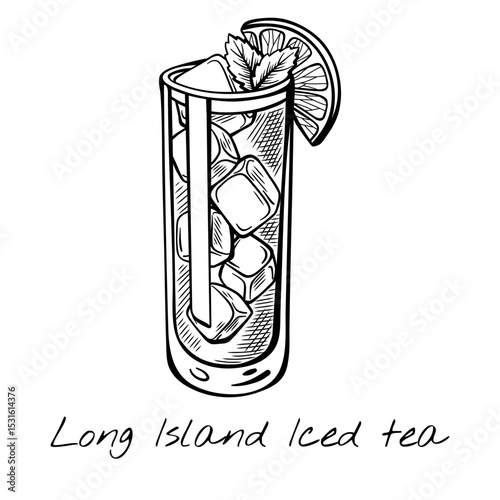 Vintage hand-drawn vector of Long Island Iced Tea cocktail in highball glass with lemon slice and ice. Perfect for bar menu, summer drinks, or strong party cocktails.