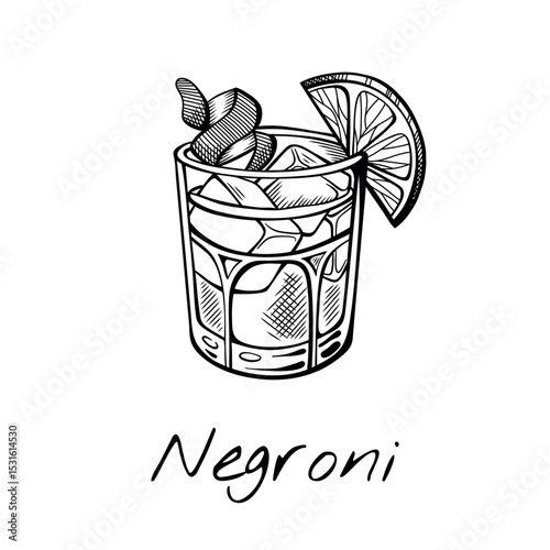 Hand-drawn vector illustration of Negroni cocktail with orange slice in lowball glass. Vintage bar sketch perfect for menu design, mixology blogs, or drink labels.