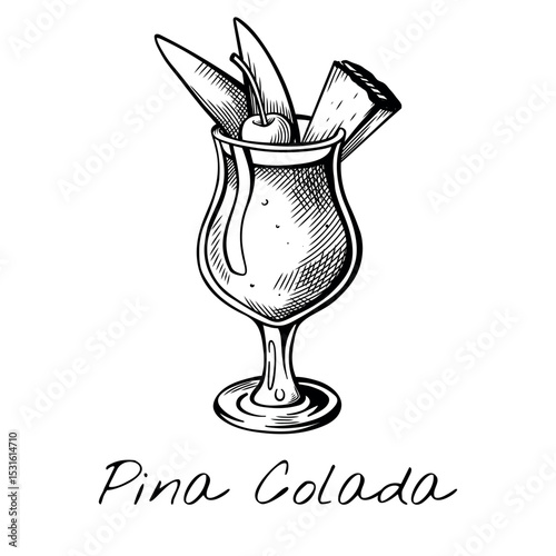 Vintage hand-drawn vector of Piña Colada cocktail in hurricane glass with pineapple, cherry and tropical garnish. Perfect for summer, bar menu or exotic drink themes