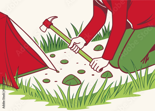 Individual setting up a red camping tent in a grassy area, using a hammer to secure stakes into the ground, showcasing outdoor adventure and preparation for camping