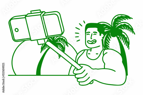 Man taking selfie with smartphone on a tropical beach, surrounded by palm trees and hills, capturing a joyful moment in a vibrant summer atmosphere