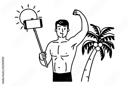 Muscular man taking selfie with smartphone on stick, showcasing strength and confidence, standing beside palm tree under bright sun, capturing vacation spirit and fun