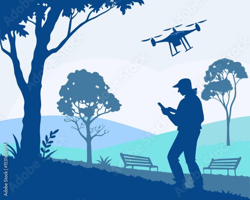 Silhouette of a man using a smartphone while operating a drone in a park, surrounded by trees and benches, showcasing modern technology and outdoor leisure activities