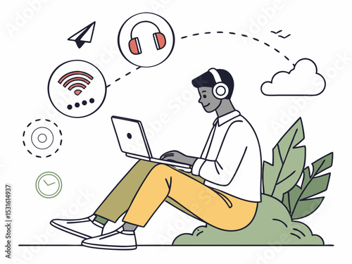Young man with headphones sits on grass, using laptop, surrounded by plants, illustrating modern technology, connectivity, and digital lifestyle in a serene outdoor setting