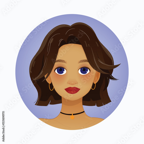 Stylish Girl Portrait – Brunette Hair.  Brown hair. Vector illustration. EPS