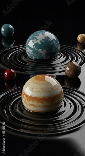 Ornate planets resting on concentric ringed platforms