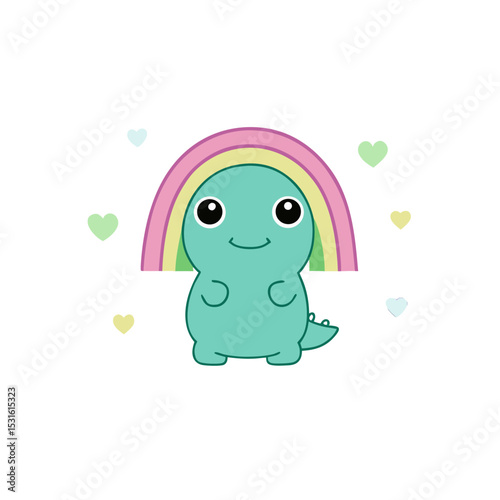 Cute Kawaii Dinosaur with Rosy Cheeks and Rainbow