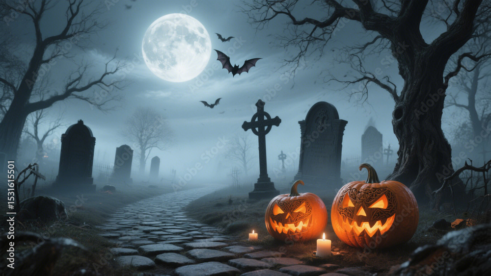 Fototapeta premium A hauntingly atmospheric Halloween scene set under a full, luminous moon that casts an eerie glow over the landscape. Halloween, Halloween Costumes, Halloween Background, Happy Halloween