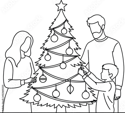 Family Decorating Christmas Tree Outline Black White