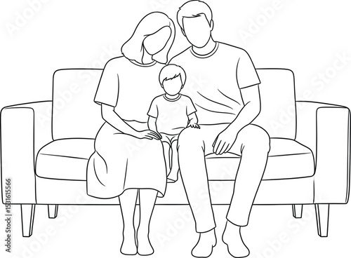 Family Sitting Couch Line Art Black White Child Parents