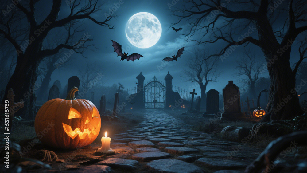 Fototapeta premium A hauntingly atmospheric Halloween scene under a full moon glowing brightly in the night sky. Halloween, Halloween Costumes, Halloween Background, Happy Halloween