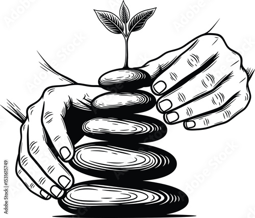 Black and white hands carefully arranging zen stones and a small plant