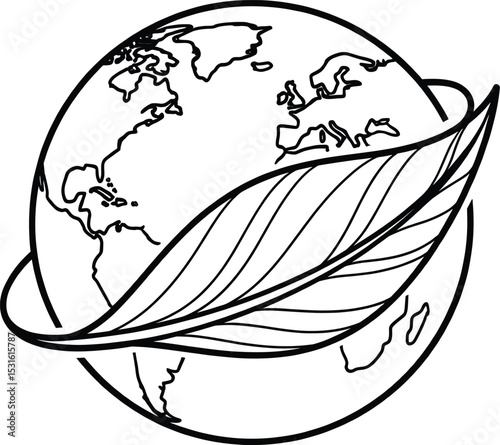 Black and White Sketch Earth Globe Leaf Wrapping vector