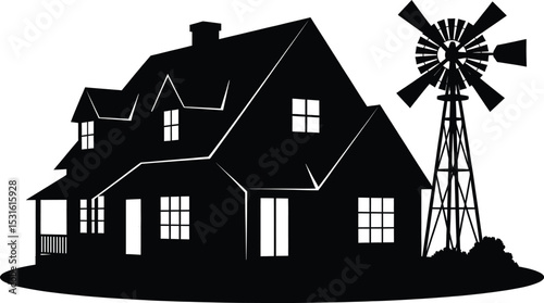 Black Silhouette Farmhouse Windmill Rural Scene Vector Illustration