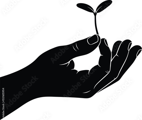 Black Silhouette Hand Gently Holding Small Plant Sprout