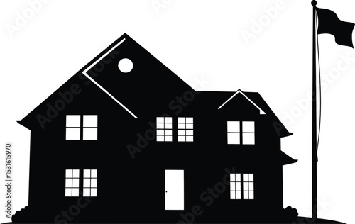 Black Silhouette Suburban House Flagpole White Background