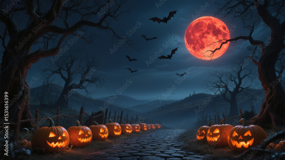 Fototapeta premium A hauntingly beautiful Halloween night scene features a blood-red full moon glowing brightly in the dark sky, casting an eerie orange light over the landscape. Halloween, Halloween Costumes