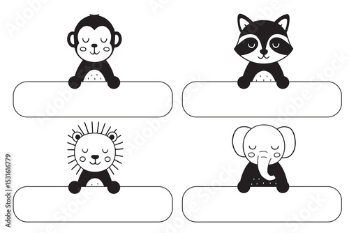 Cute Black and White Animal Sticker Labels Set – Monkey, Raccoon, Lion, Elephant