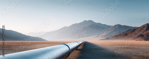 Vast desert landscape with a long pipeline leading towards distant mountains. Symbolizes infrastructure, connection, energy, and future progress.