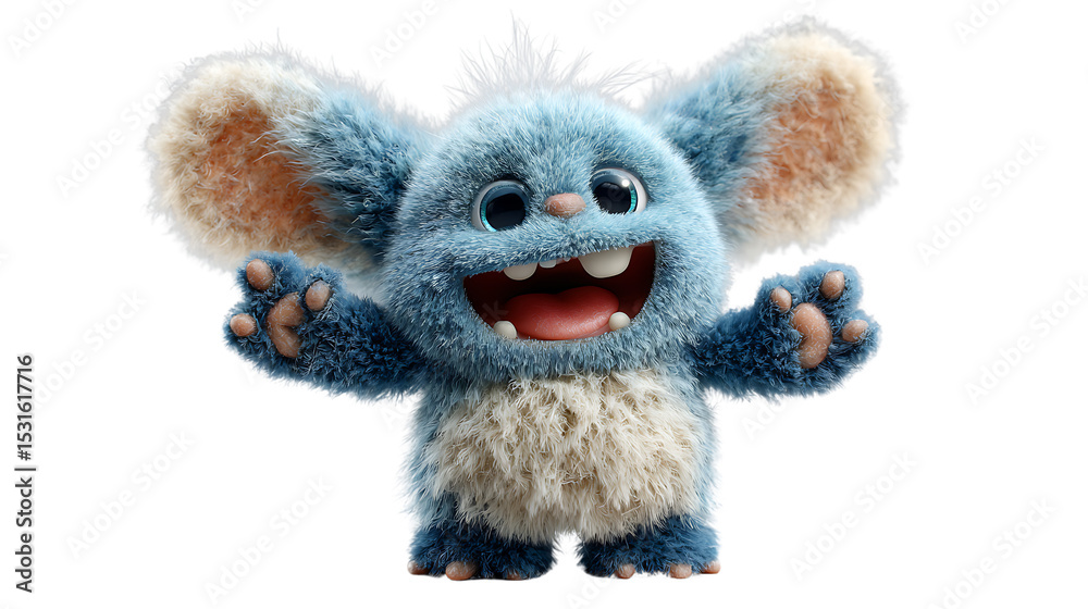 Fototapeta premium Cheerful Blue Furry Monster with Big Ears and Open Mouth