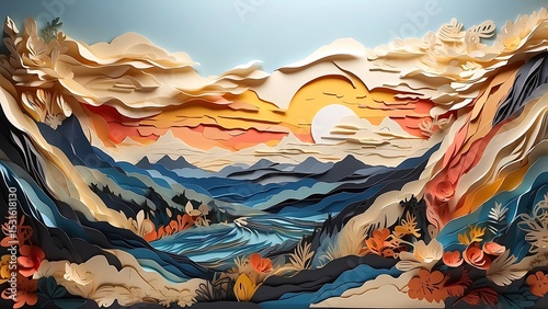 Paper art sunrise over mountain valley