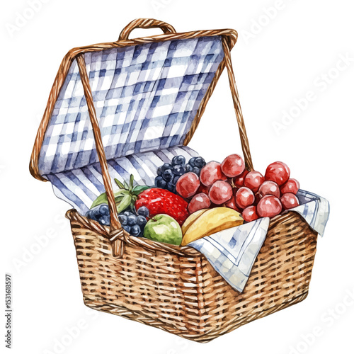 watercolor vector of Summer Picnic Basket Shady, isolated on a white background.