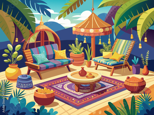 vector of Unconventional lounge in the open air with cozy chairs and cushions and traditional carpets.