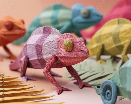 Colorful paper chameleon figures on a pastel background.