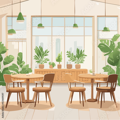 Bright Minimalist Cafe Interior with Greenery and City View