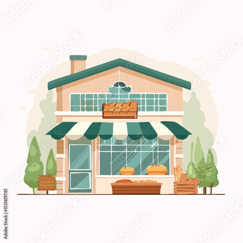 Charming Two Story Beige Bakery Building Illustration