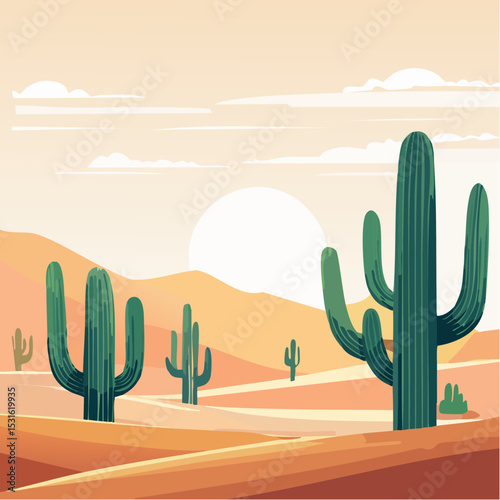 Desert Landscape with Cacti at Sunset