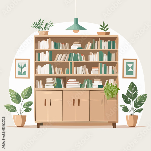Light Wood Bookshelf with Green Plants and Books