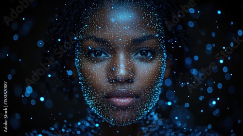 A determined African businesswoman, her face illuminated by the glow of a digital tablet, delves into complex data, a holographic overlay of graphs and charts illuminating the information 