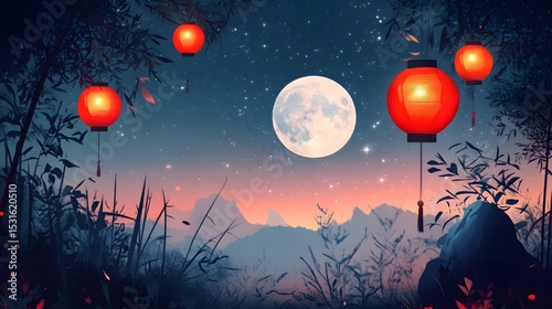 Night market lanterns swaying under the moonlight