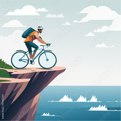 Man on Bicycle at Cliff Edge overlooking Ocean