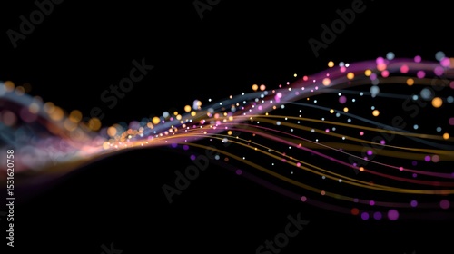 Abstract design with flowing lines and colorful particles.