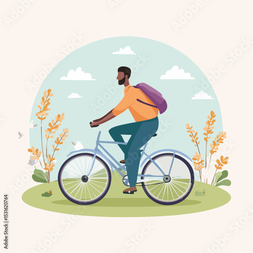 Man Riding Bicycle in a Sunny Landscape Illustration