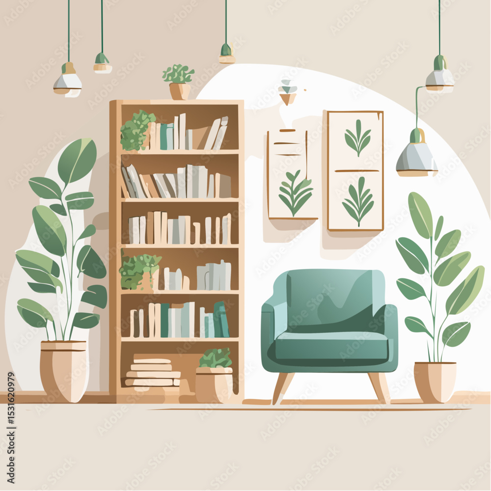 Fototapeta premium Modern Minimalist Living Room Interior with Green Armchair and Bookshelf
