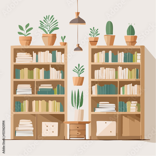 Minimalist Home Office with Bookshelves and Potted Plants