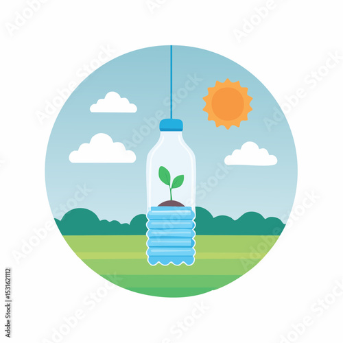A seedling sprouts in a repurposed plastic bottle, suspended outdoors under a sunny sky.