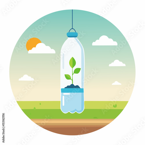 A seedling grows inside a recycled plastic bottle, hanging outdoors in a circular frame, symbolizing sustainability.