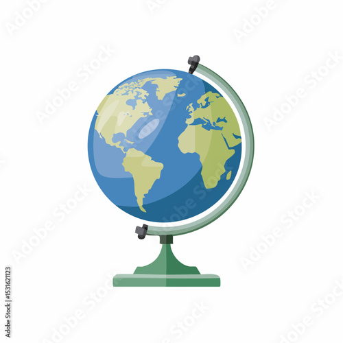 A stylized illustration of a globe on a stand, showing continents and oceans.