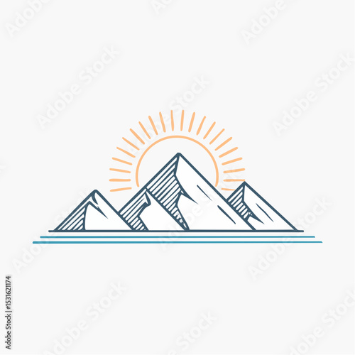 Stylized illustration of mountain peaks with a rising sun over a body of water.