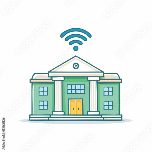Cartoon illustration of a building with columns and a wifi signal above it.