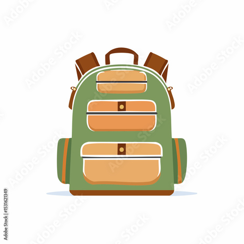 Front view of a colorful, multi-compartment backpack, ideal for travel or outdoor activities.